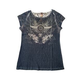 VTG Y2K NWT Sheer Harley Davidson Burnout Rhinestone Baby Tee L Tattoo Tribal